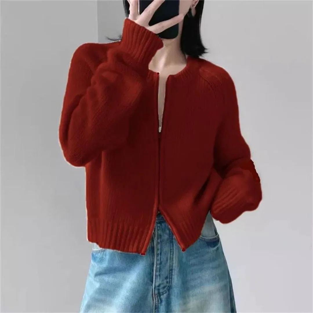 Женский кардиган на молнии, классический, Wool Cardigan, бордовый — фото 4