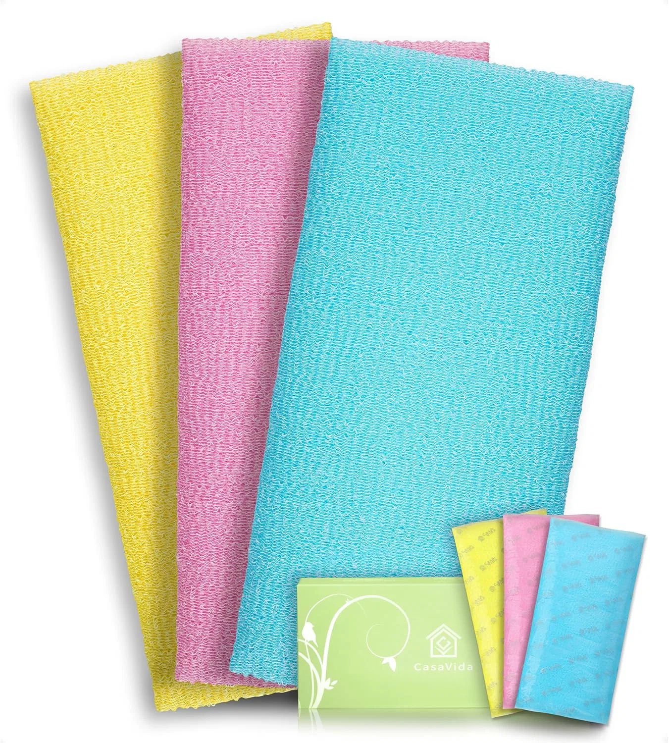 Мочалка для душа, CASAVIDA, набор 3 шт, 88.9x30 см, Blue, Yellow, Pink
