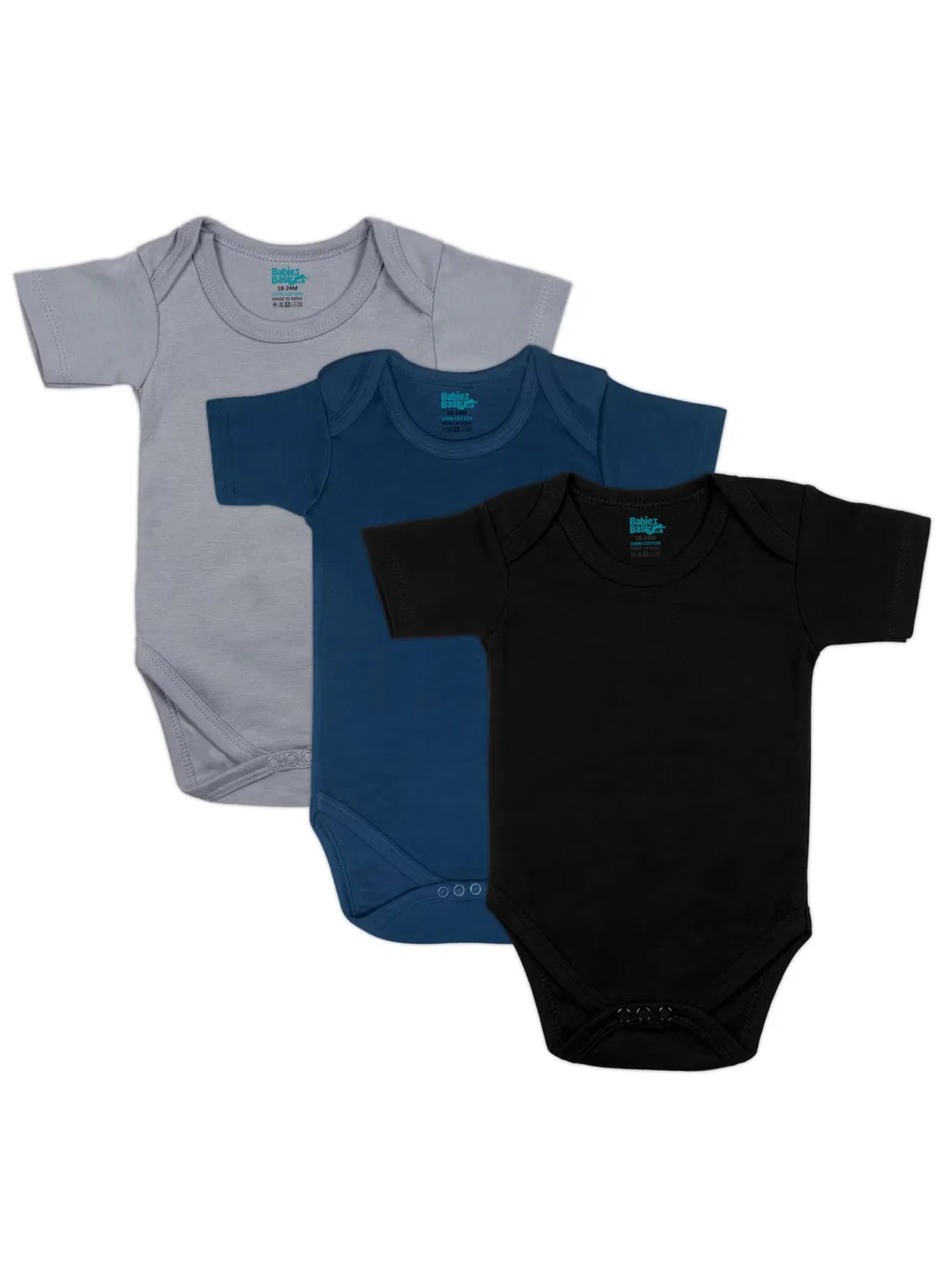 Боди-комбинезон с коротким рукавом, комплект из 3 штук, Babies Basic, черный, темно-синий, серый