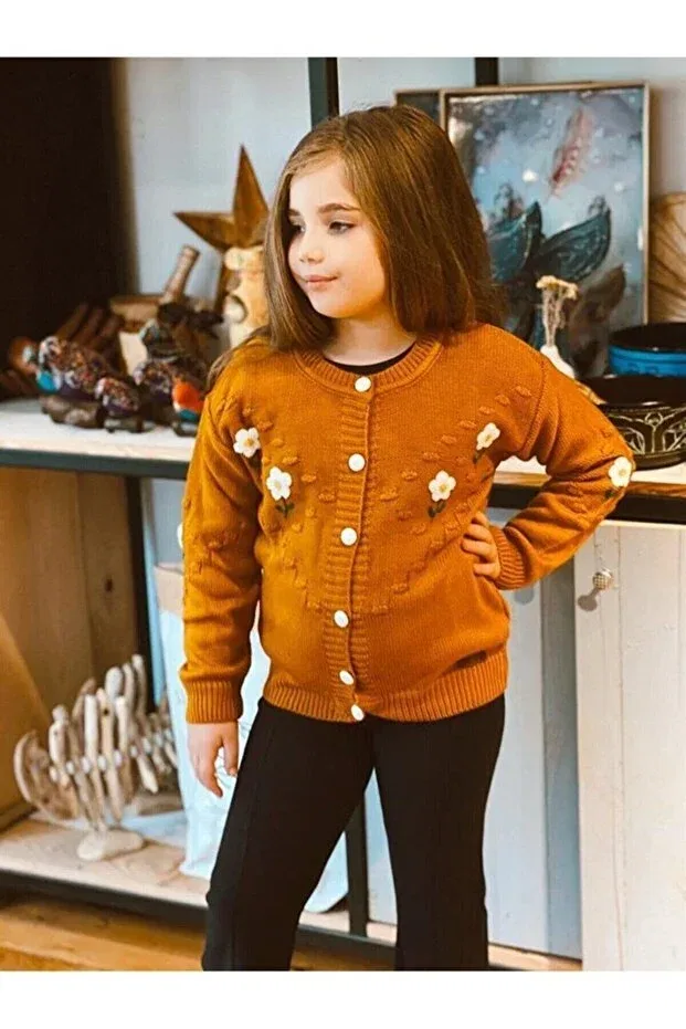 Детский кардиган с вышивкой ромашек Hilal Akıncı Kids, Hardal