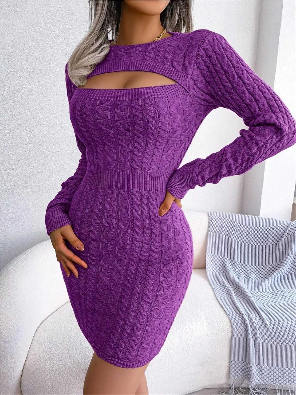 Женское облегающее платье с высоким воротником Bodycon, Purple — фото 4