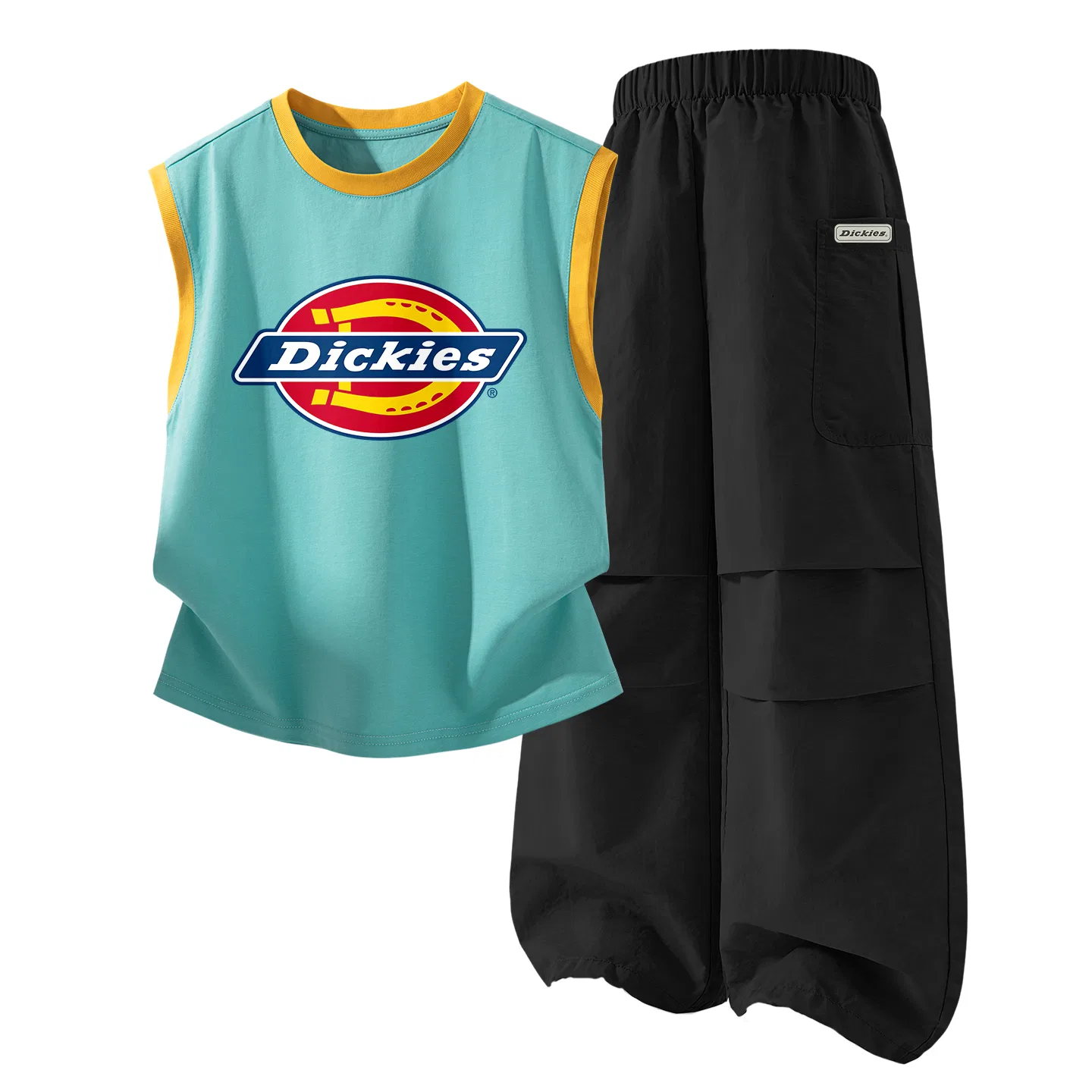 Детский комплект для девочек из футболки и шорт с принтом Dickies, Standard Orange-Blue+Long Hook-and-Loop K Black