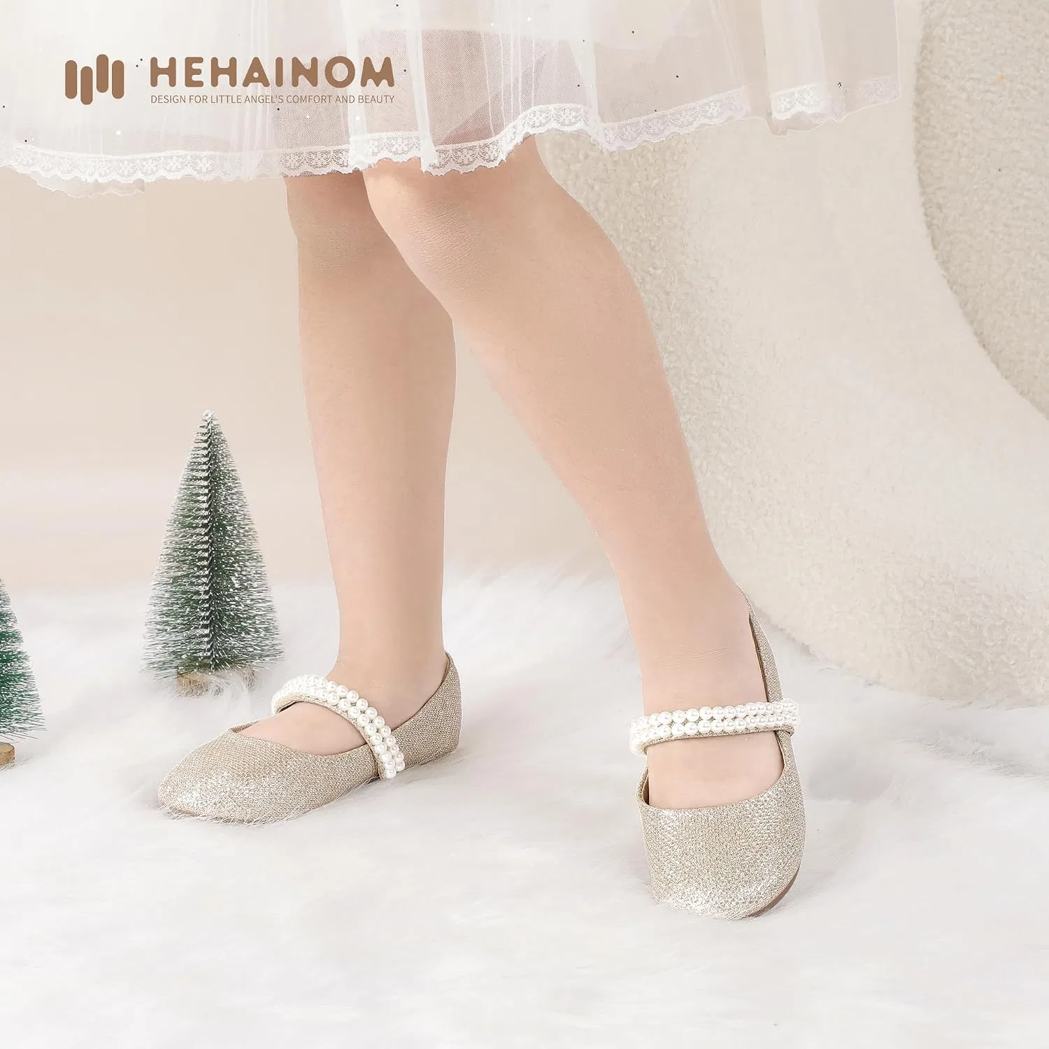 Детские балетки для девочек с цветочным принтом Hehainom, Gold Glitter — фото 2