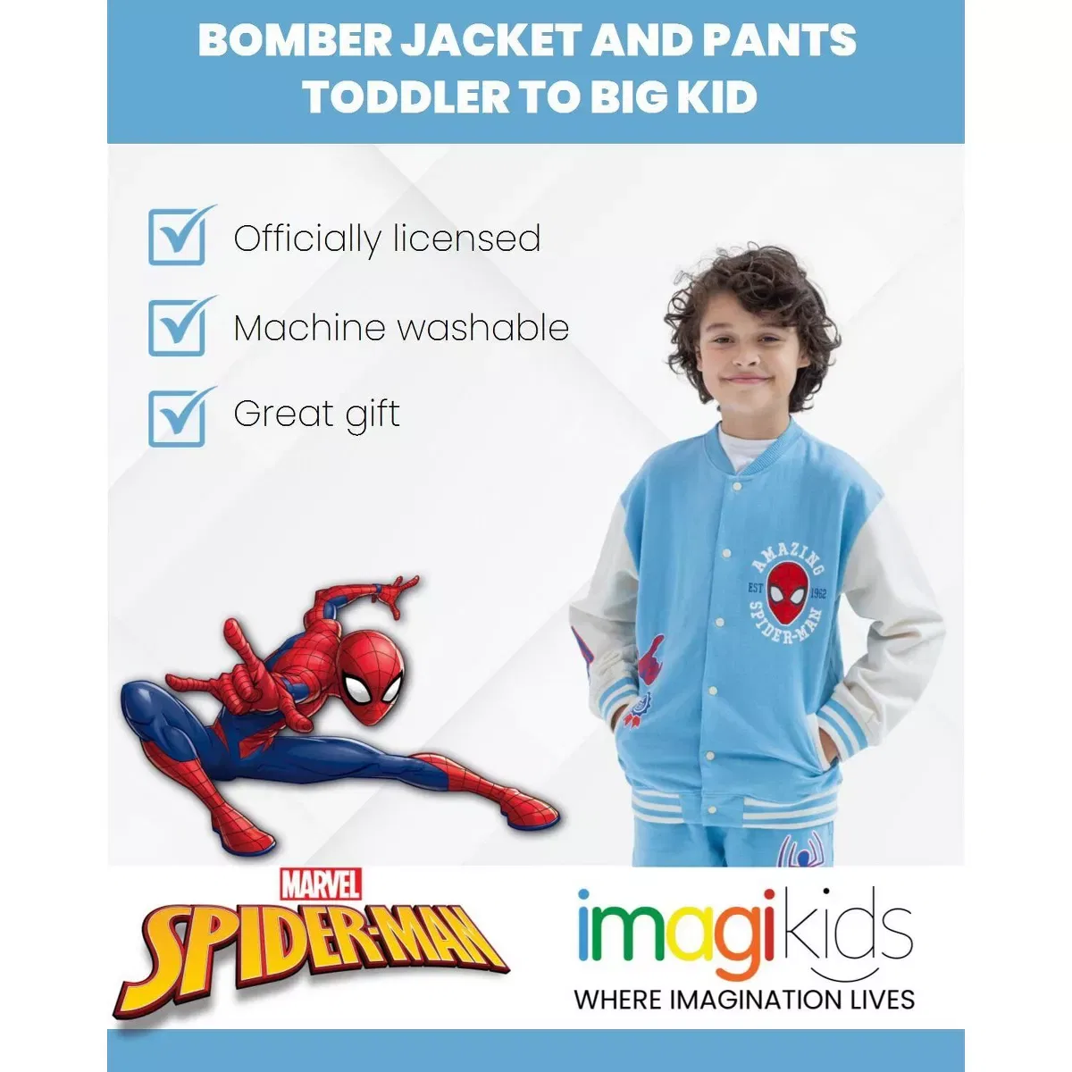 Детский комплект из куртки и штанов с принтом Marvel Fleece Varsity Bomber Jacket and Jogger Pants Outfit Set Marvel, Blue — фото 4