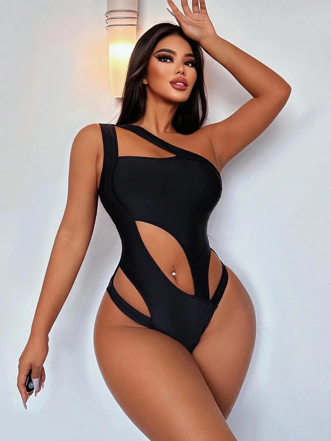 Женский асимметричный купальник монокини с вырезами Generic, Black — фото 4