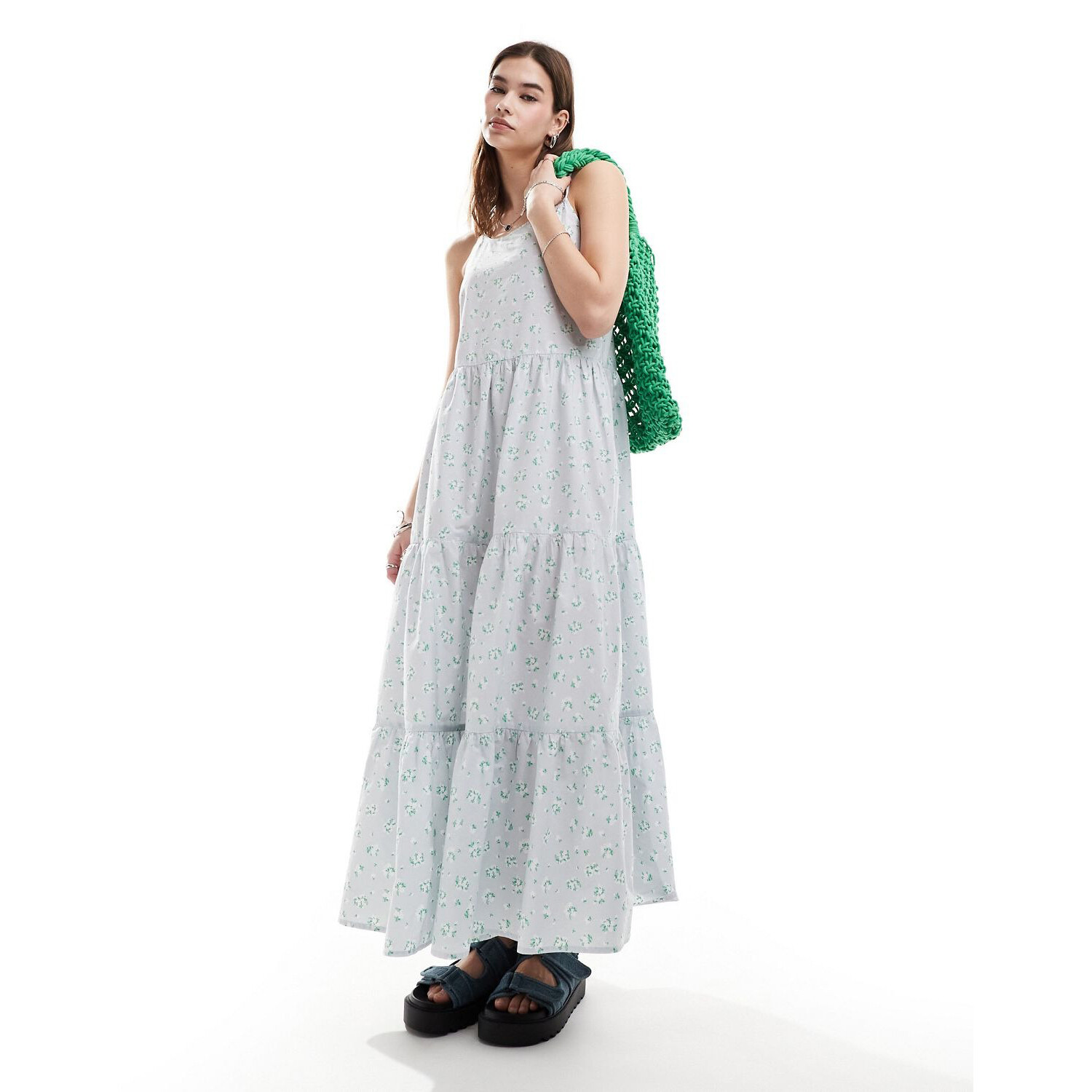 

Платье Monki Maxi Sun With Tiered Layers And Strappy Low back, серо-синий