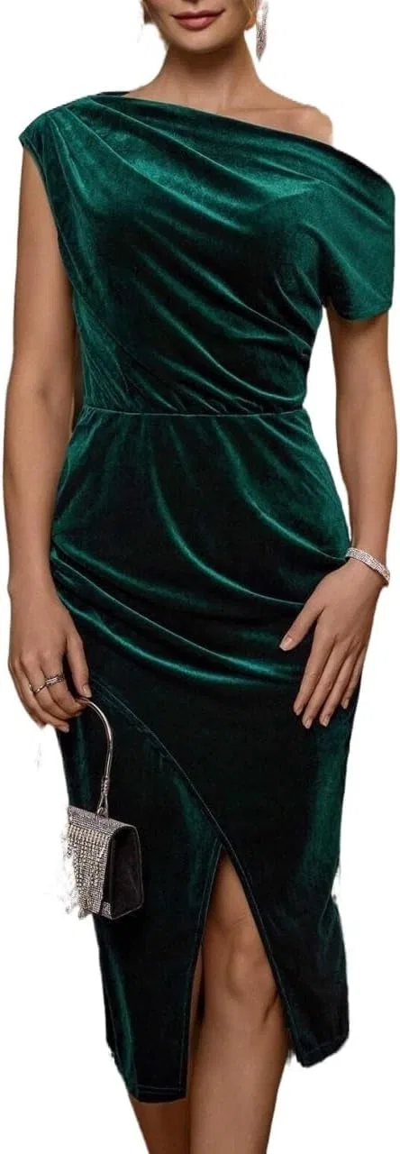 Женское элегантное платье с асимметричным вырезом, Dark Green