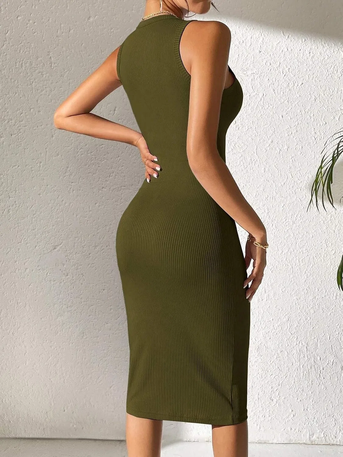 Женское миди-платье без рукавов облегающее Army Green — фото 3