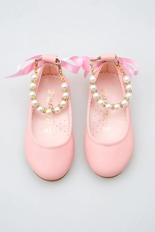 Детские балетки для девочек с жемчугом Matte Pink Ankle Pearl Detailed Girls' Ballerinas with Bow Ribbon Kateyler, Matte Pink — фото 4