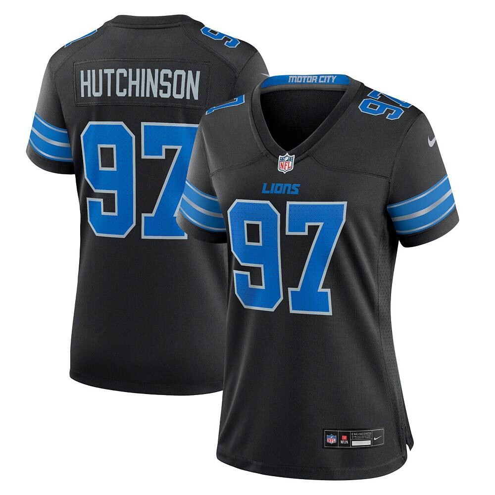 

Женская футболка Nike Aidan Hutchinson Black Detroit Lions 2nd Альтернативная игра, цвет Lns Black