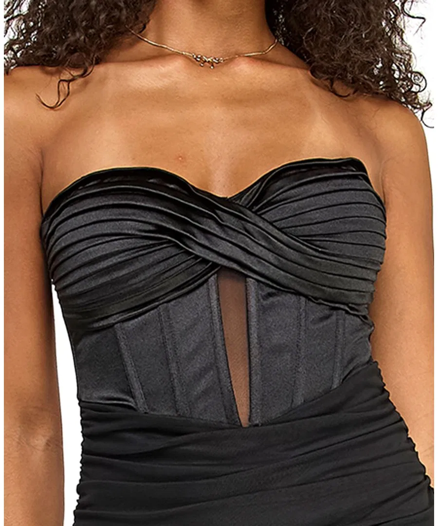 Платье миди с корсетным лифом-сердце, из сатина, с плиссировкой Emerald Sundae, Black — фото 3