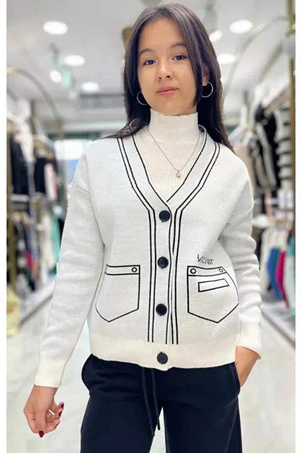 Детский кардиган для девочек с принтом Pocket Patterned Minimoda Kids, Cream