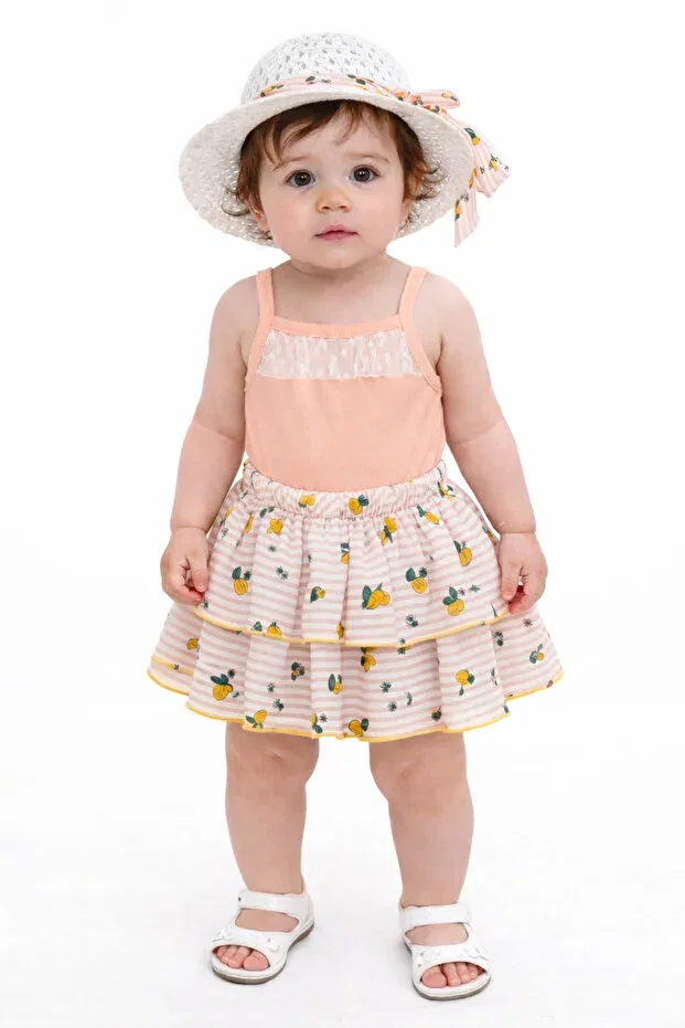 Детский комплект для девочек с принтом Sweet baby girl lemon patterned skirted set with hat 3-piece combination with bodysuit inside Chicsy Baby, Orange