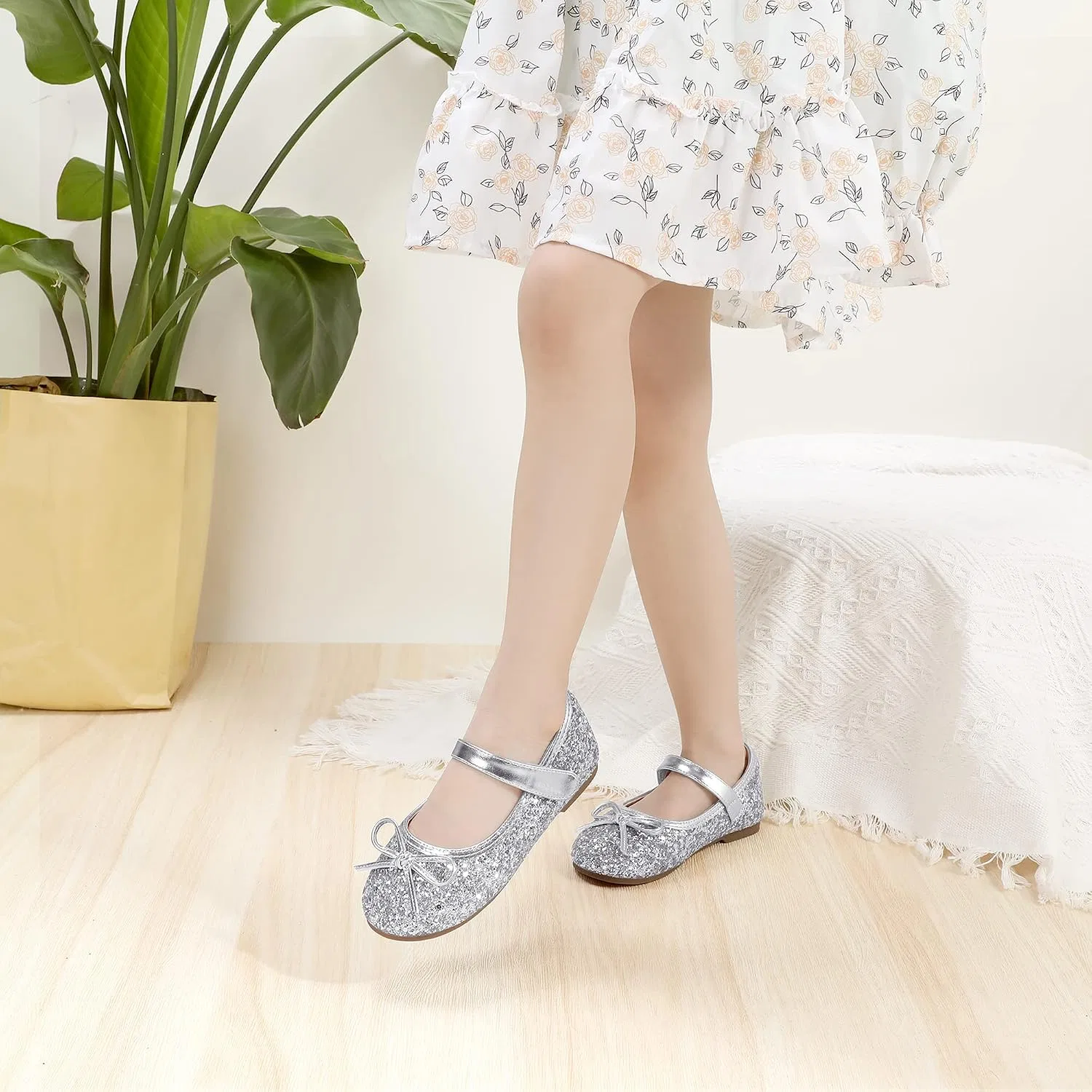 Детские балетки для девочек с бантом Mary Jane PANDANINJIA, Silver Sequin — фото 3