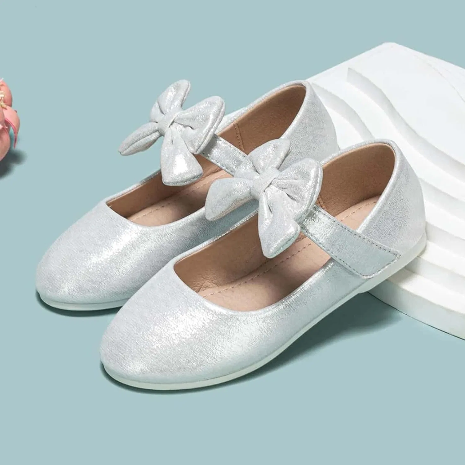 Детские балетки для девочек с бантом Mary Jane Shoes Ballet Bow, Silver — фото 4