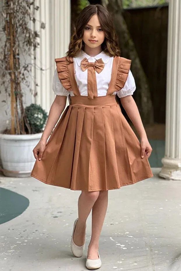 Детское платье для девочек с коротким рукавом-фонарик Tak çıkar bowknot balloon sleeve shirt ruffled pleated salopet skirt girls' holiday dress-23 april Elafor, Beige Brown — фото 3