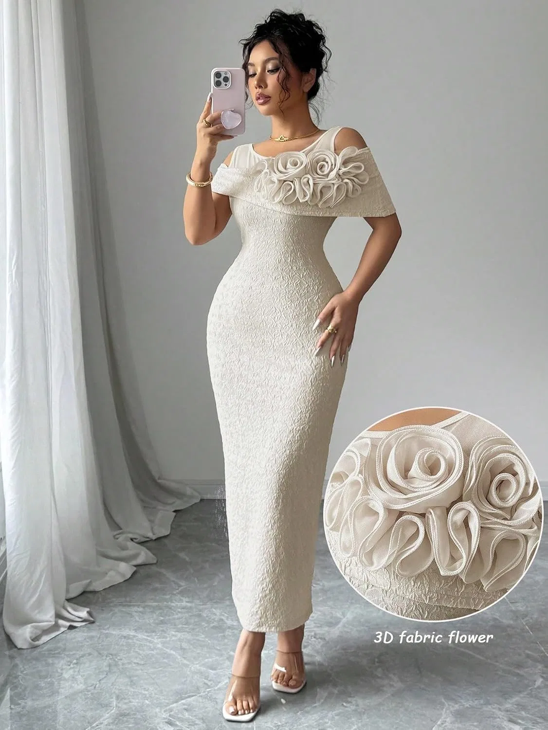 Женское миди-платье с открытыми плечами Mesh, Apricot — фото 4