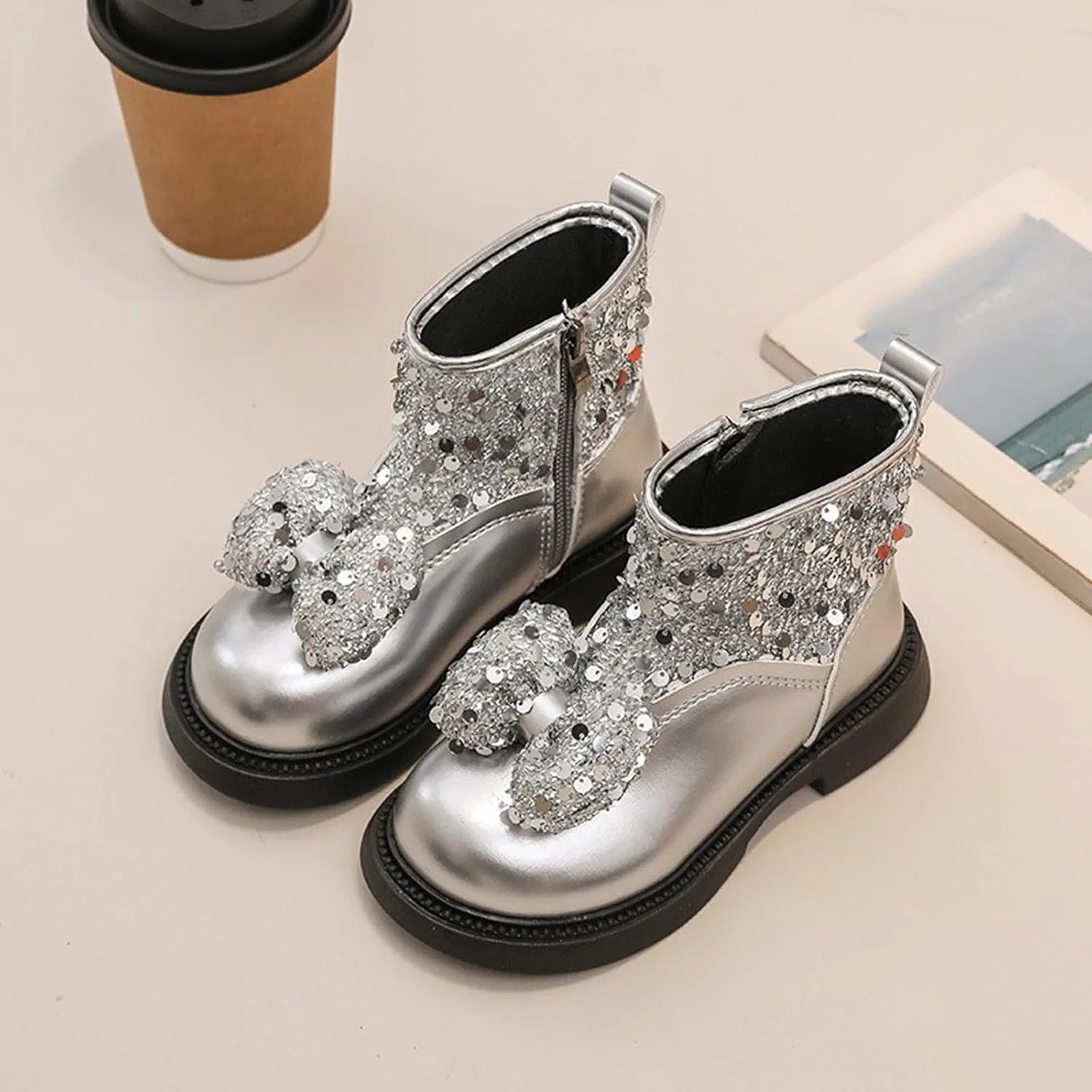 Детские ботинки для девочек с блестками и бантами, Silver — фото 2