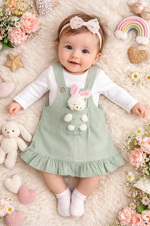 Детский комбинезон для девочек хлопковый Toy Detailed Rabbit Mou&Kou, Green