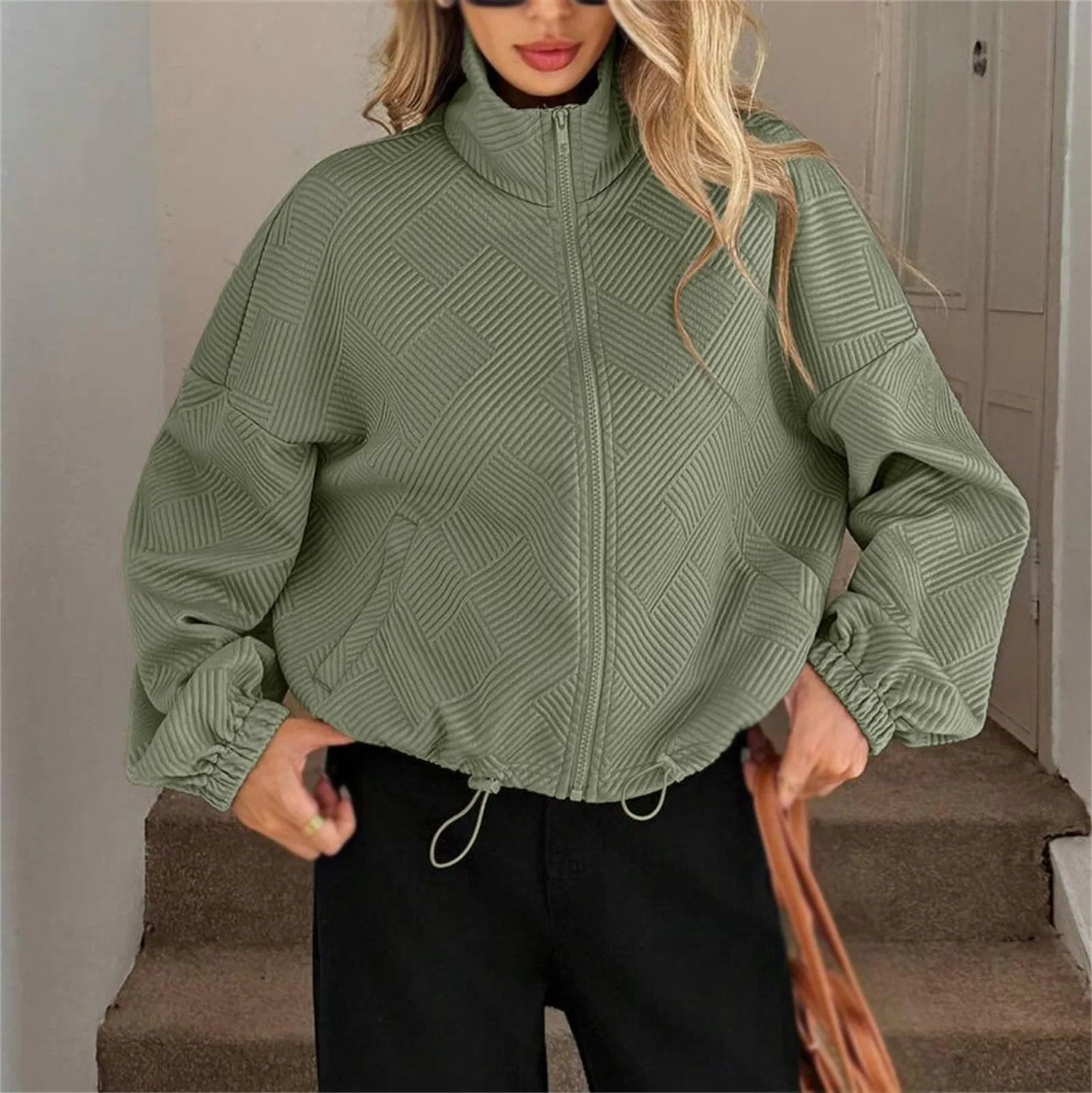 Женское пальто свободного кроя с молнией и кулиской, Verde militare — фото 2
