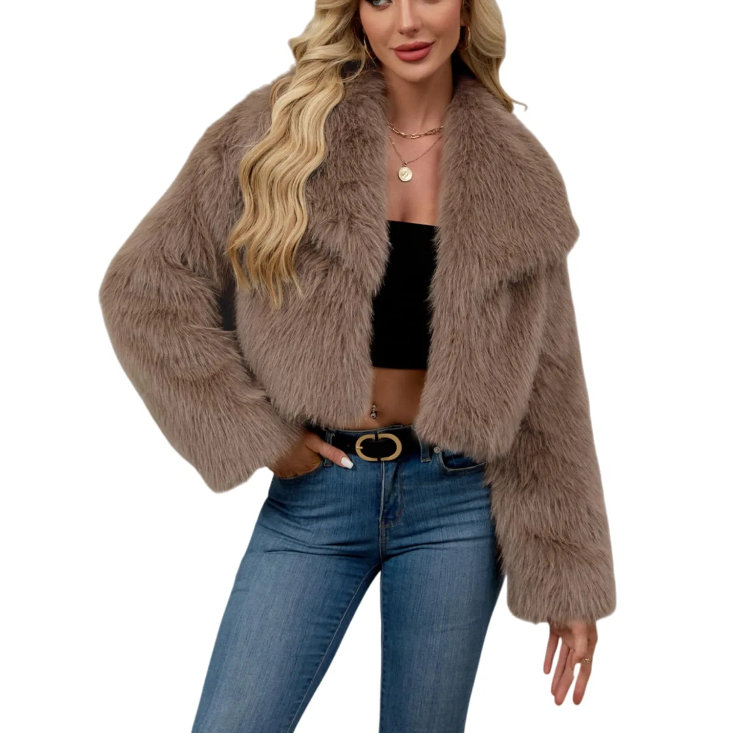 Женское пальто из искусственного меха с коротким воротником, Cachi chiaro