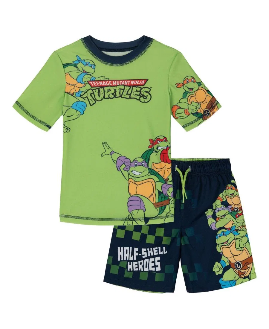 Комплект для плавания из рашгарда с коротким рукавом и плавок, с принтом Teenage Mutant Ninja Turtles, Navy And Light Green