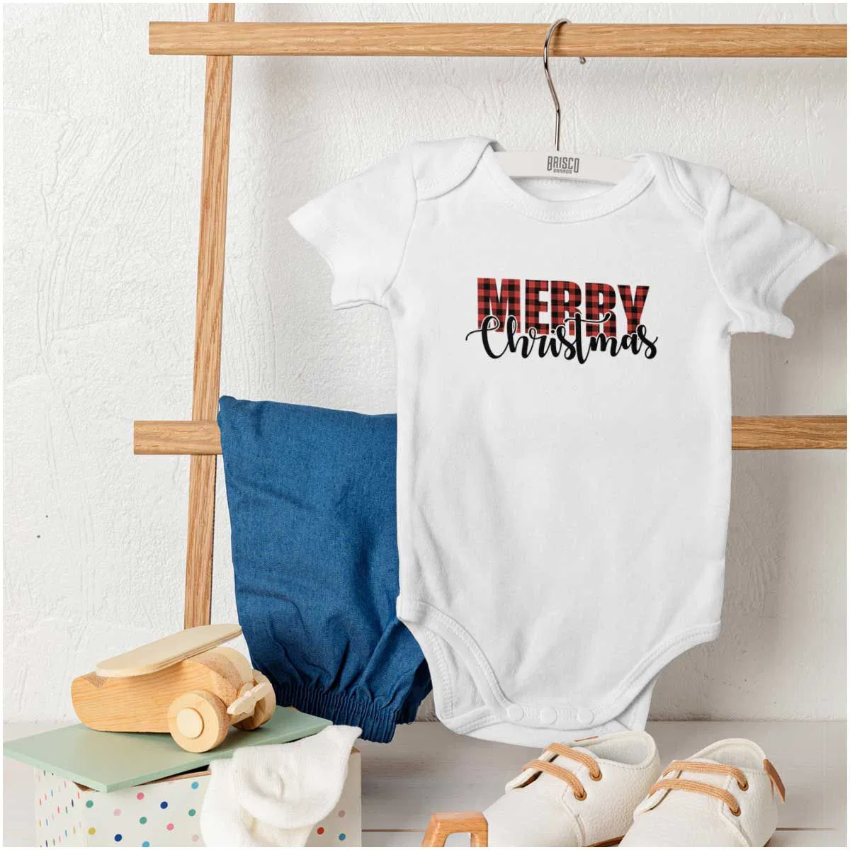 Детский боди-комбинезон с длинным рукавом с принтом Xmas Holiday Plaid Merry Christmas Brisco Brands, White — фото 4
