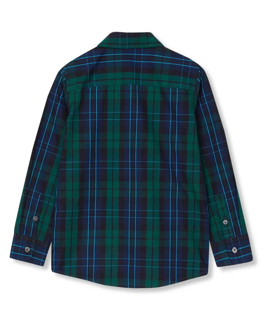 Рубашка с длинным рукавом в клетку Boy's Holiday Long Sleeve Poplin Lands' End, Dark Green Multi Plaid — фото 2