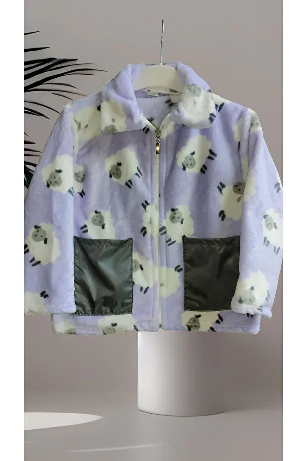Детская куртка для девочек с принтом Sheep Pattern Fleece Jacket Zeykid, Purple-Lila