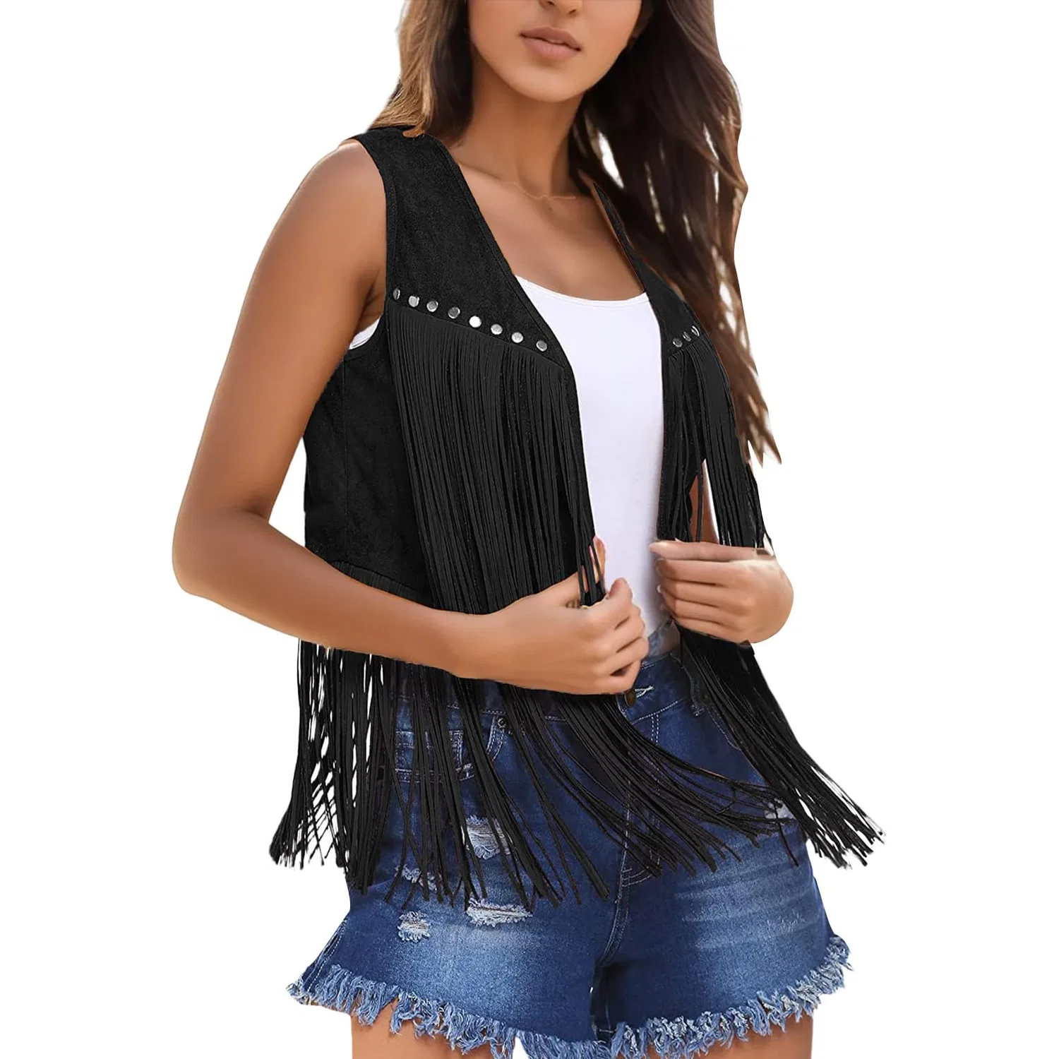 Женский жилет с бахромой Vintage Sleeveless 70s Hippie Jacket Boho Western Jacket Dress, Black