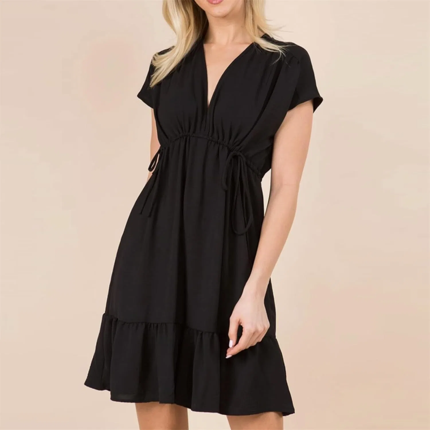 Женское летнее платье с V-образным вырезом и рукавом-фонарик, Black — фото 4