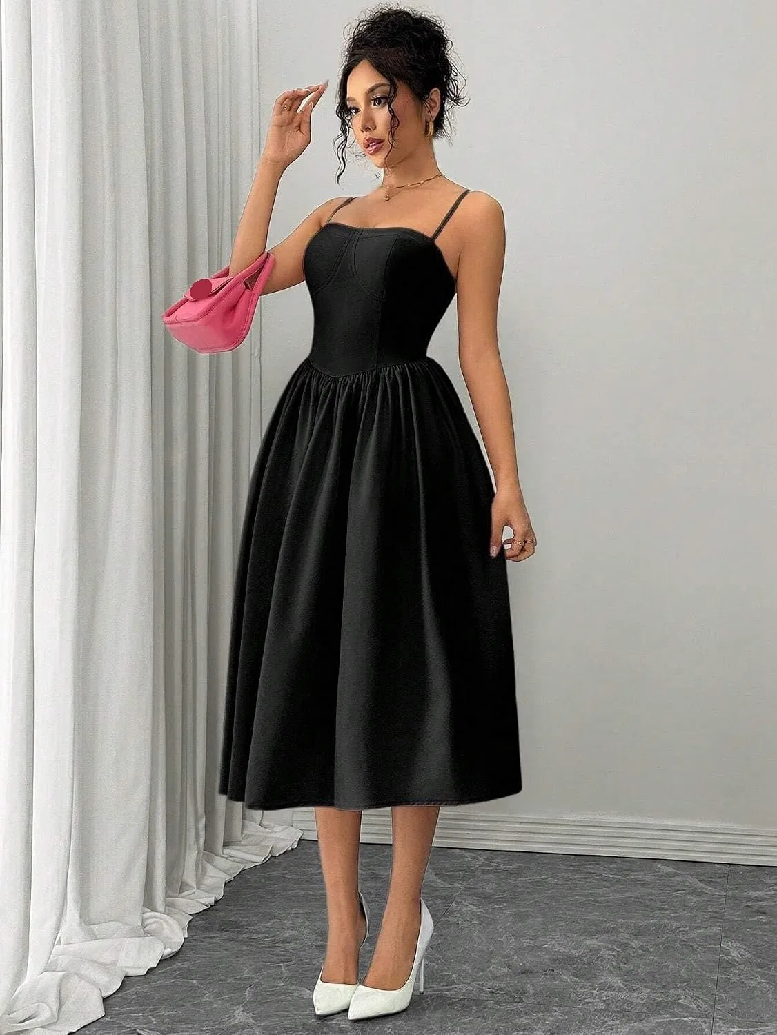 Женское элегантное платье миди с открытой спиной Slimming Cami, Black — фото 3