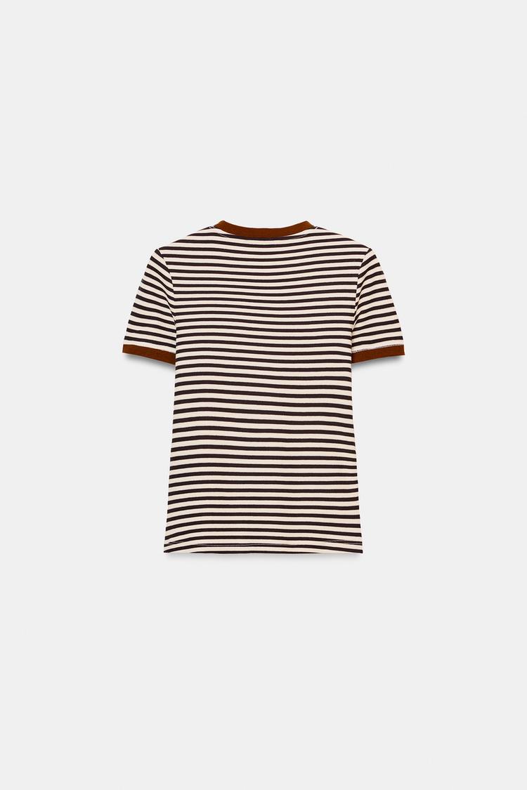 Футболка Zara Striped Short Sleeve, коричневый/белый — фото 2