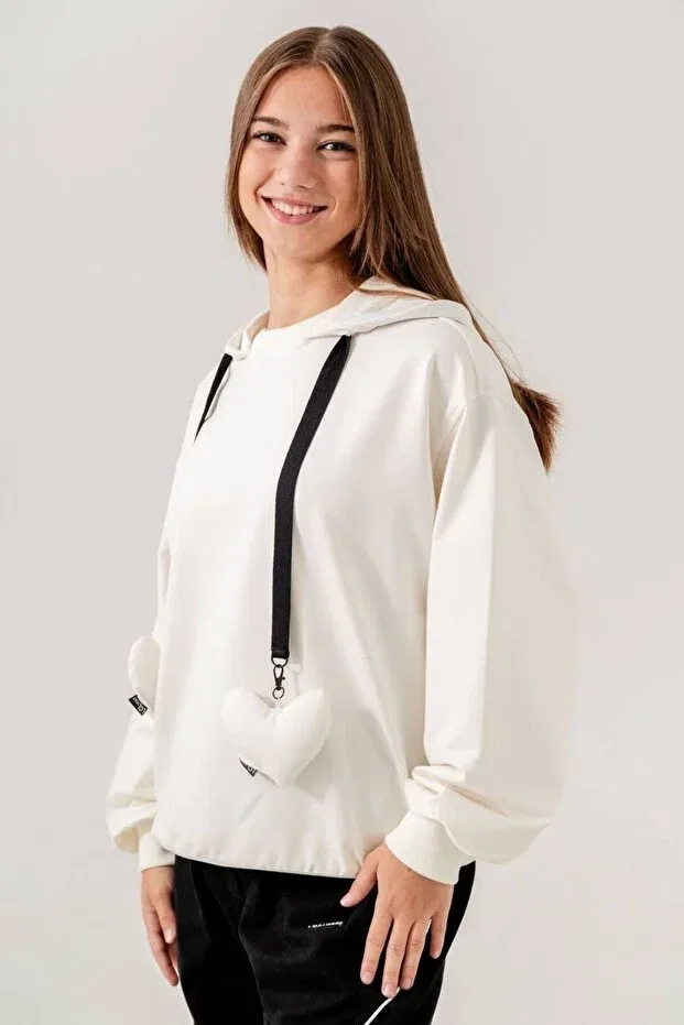 Детское худи для девочек с принтом Heart Hooded Sweat Locolo, Ecru — фото 2