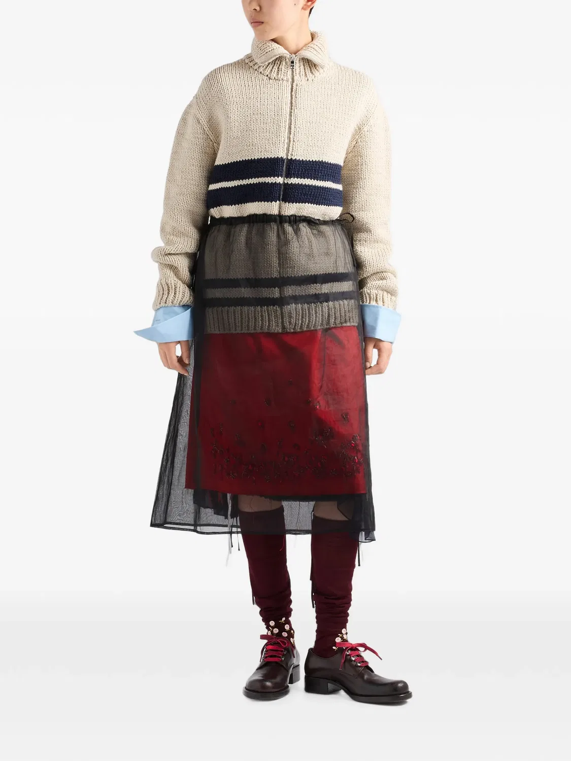Шерстяной кардиган на молнии Prada, нейтральные цвета — фото 2