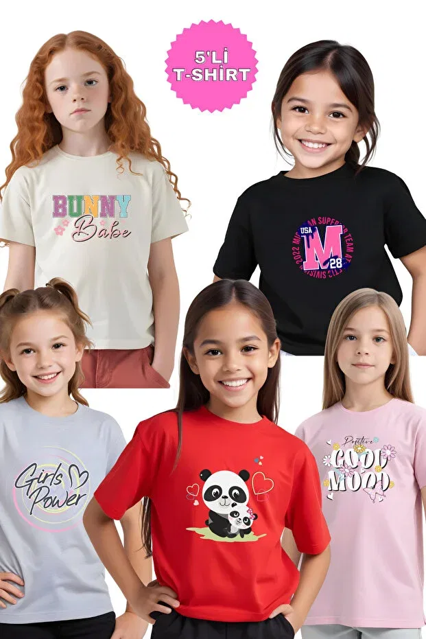 Детский комплект футболок для девочек с принтом Good-Panda-Power-Bunny-M Panios Kids, Red-Grey-Light Pink-Cream-Black
