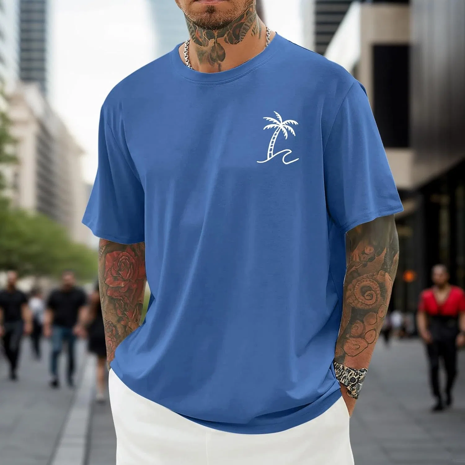 Мужская футболка с принтом пальмы, короткий рукав, Crew Neck, Blue — фото 2