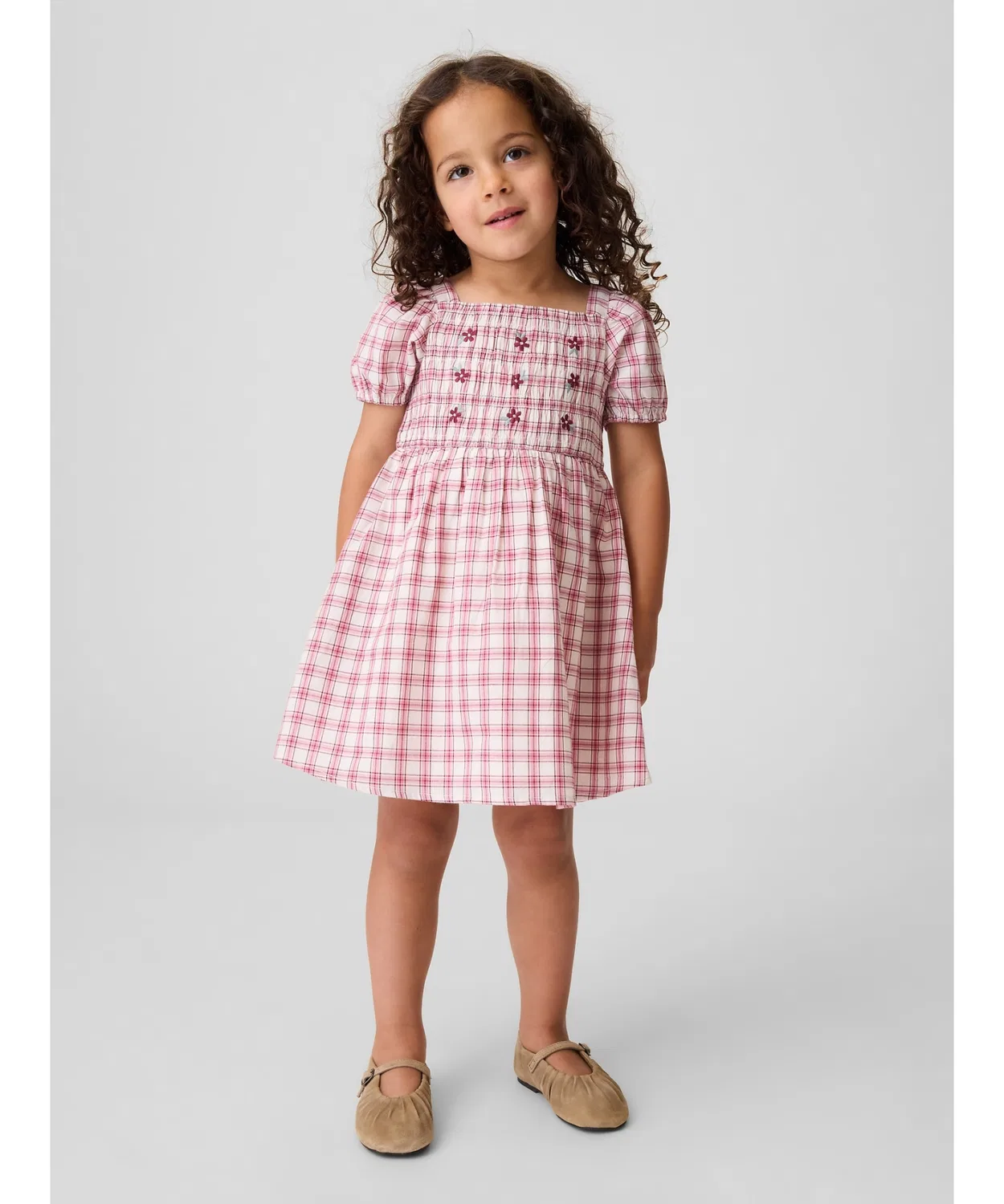 Детское платье для девочек с рюшами и цветочной вышивкой Smocking Gather Plaid GAP, Pink