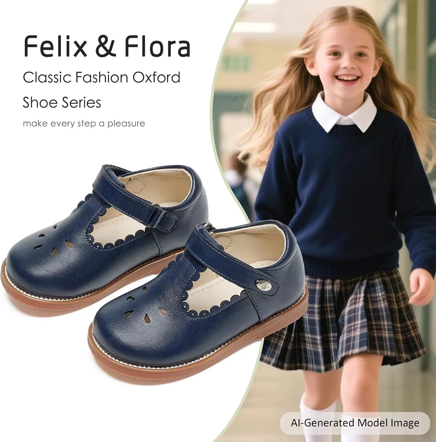 Детские туфли-оксфорды для девочек Mary Jane Flats Felix & Flora, Navy Blue — фото 4