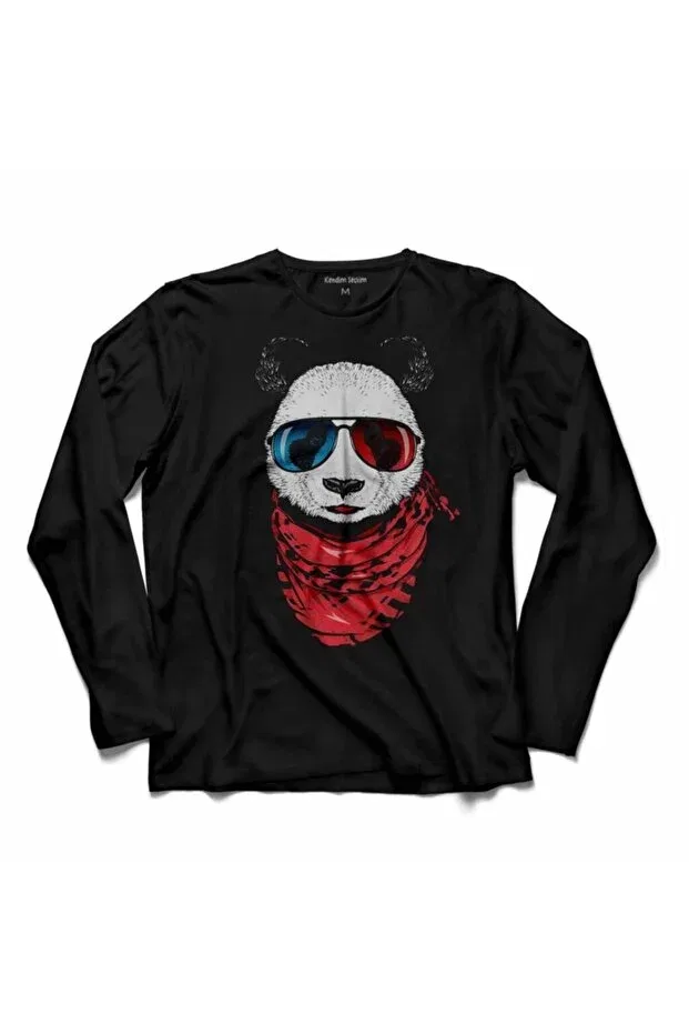 Детская футболка для девочек с длинным рукавом с принтом Bear Panda Glasses Bear Snow Kendim Seçtim, Black