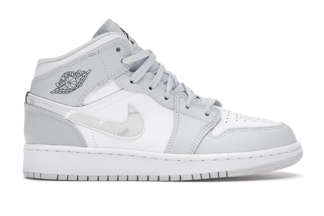 Детские кроссовки для мальчиков с принтом камуфляж Jordan 1 Mid, White/Photon Dust-Grey-Fog