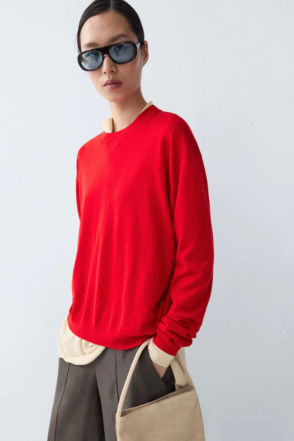 Свитер Massimo Dutti, вязаный, с круглым вырезом, красный — фото 3
