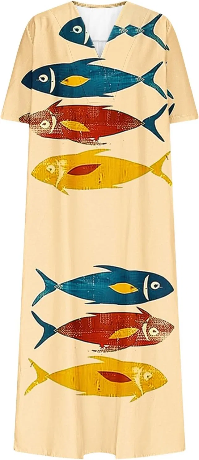 Пляжное макси-платье свободного кроя с принтом Fish, Multicolor — фото 3
