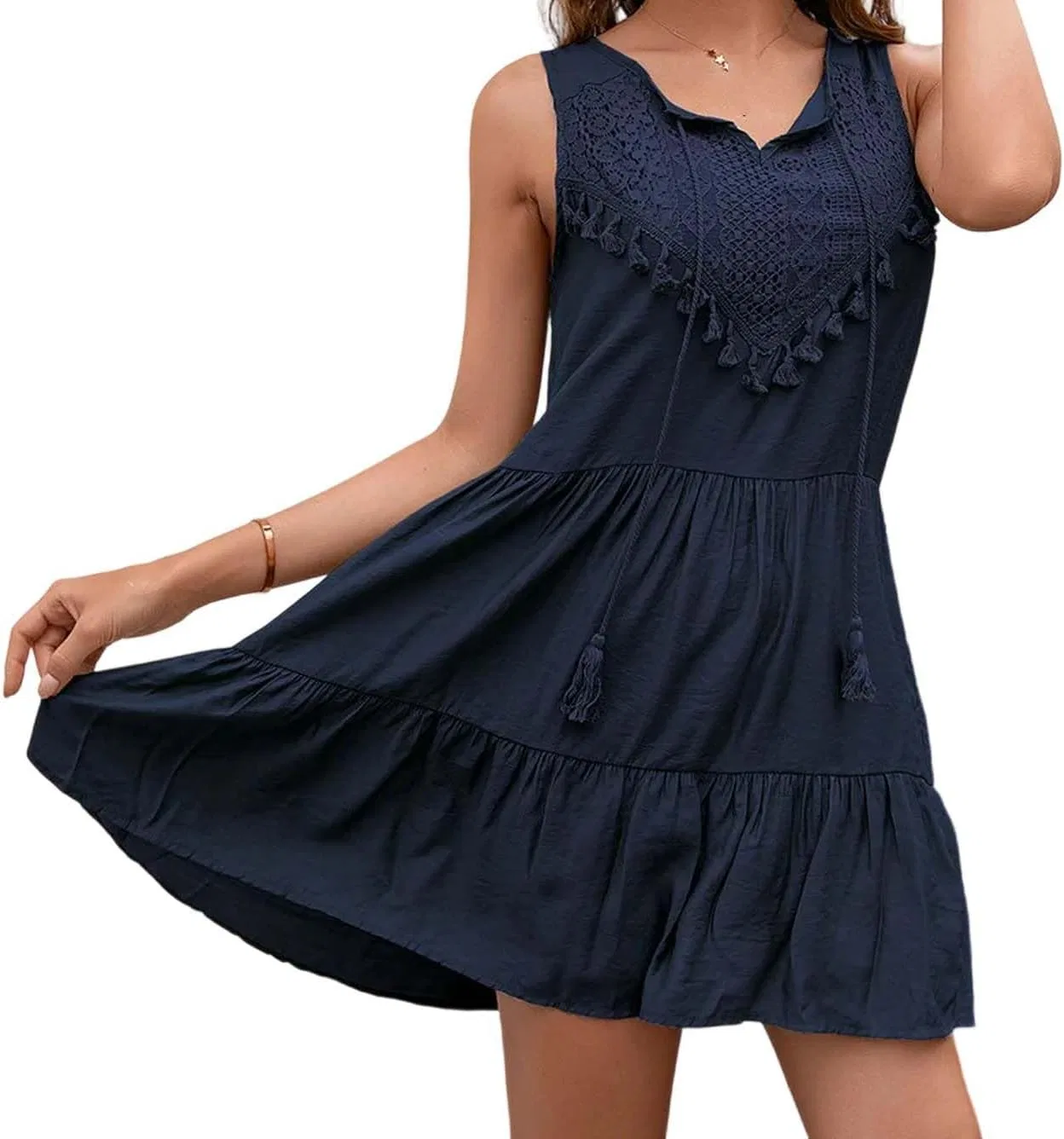Женское мини-платье с бахромой V-образным вырезом, Navy Blue