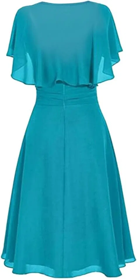 Женское платье миди с накидкой на рукавах Chiffon Sleeveless V Neck Capelet Sleeve Overlay A-Line Knee Length Sundress, Blue — фото 3