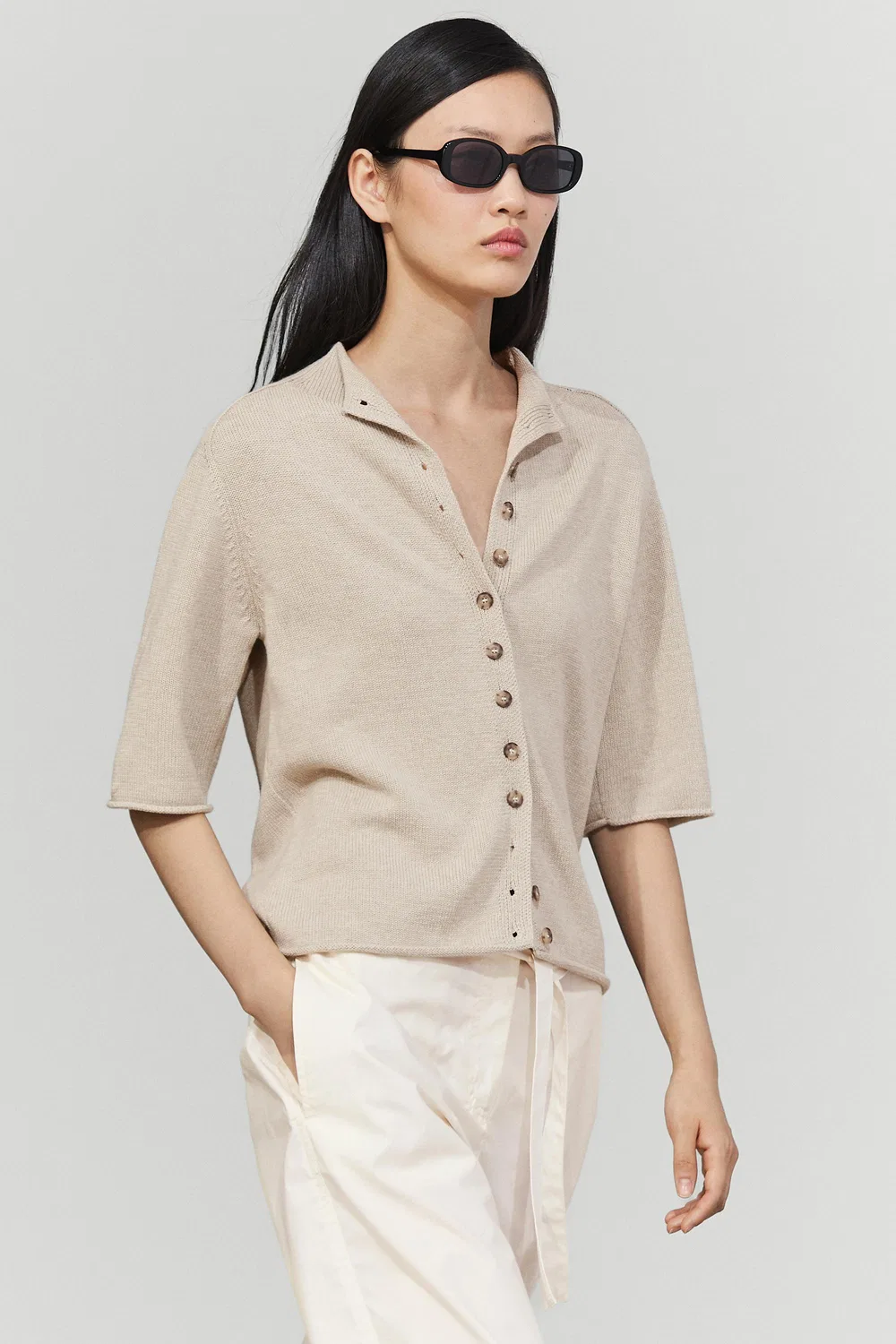 Кардиган Massimo Dutti Cotton Funnel Neck Knit, серо-бежевый