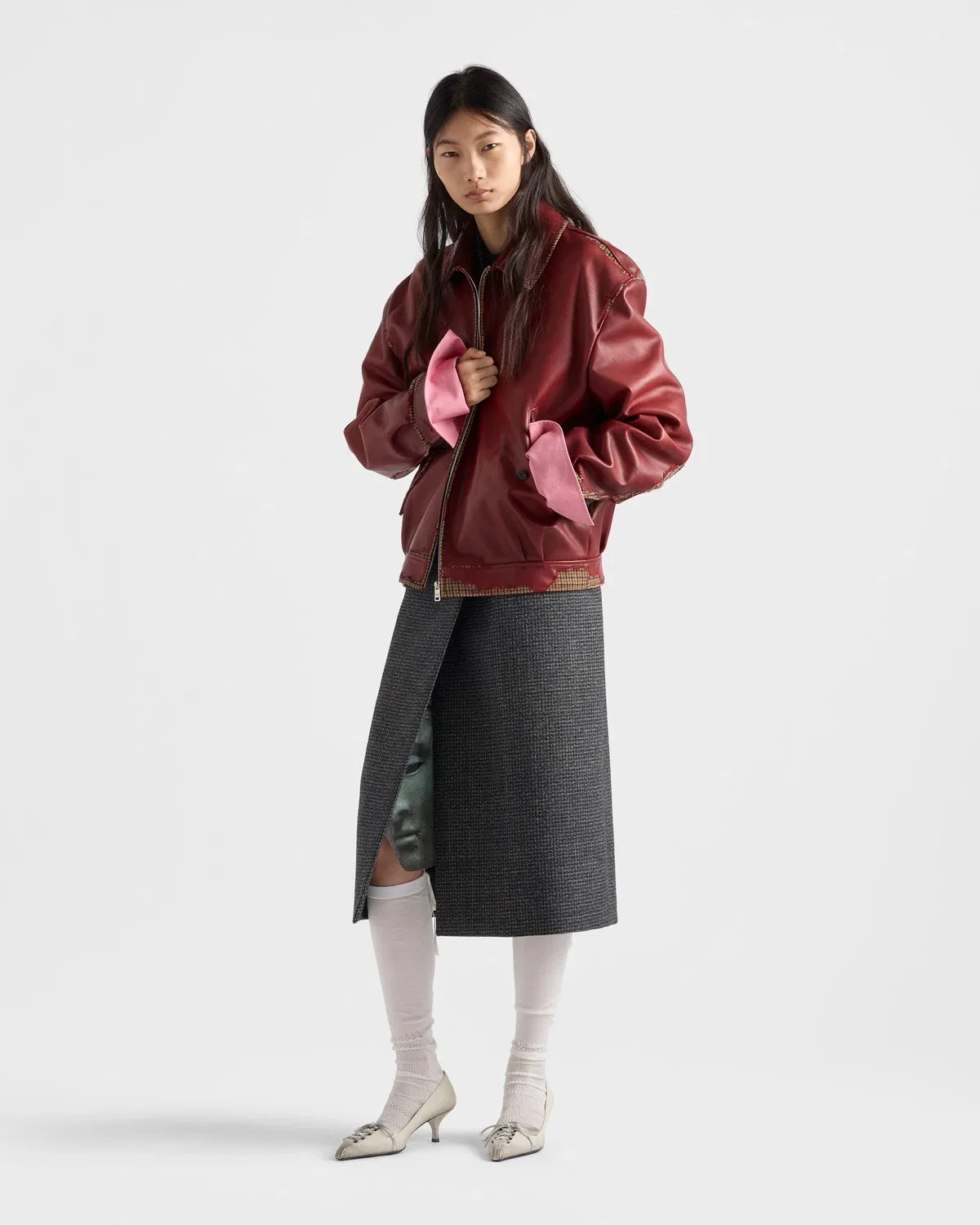 Куртка из клееной наппы и ткани в гусиную лапку Prada, красный — фото 2