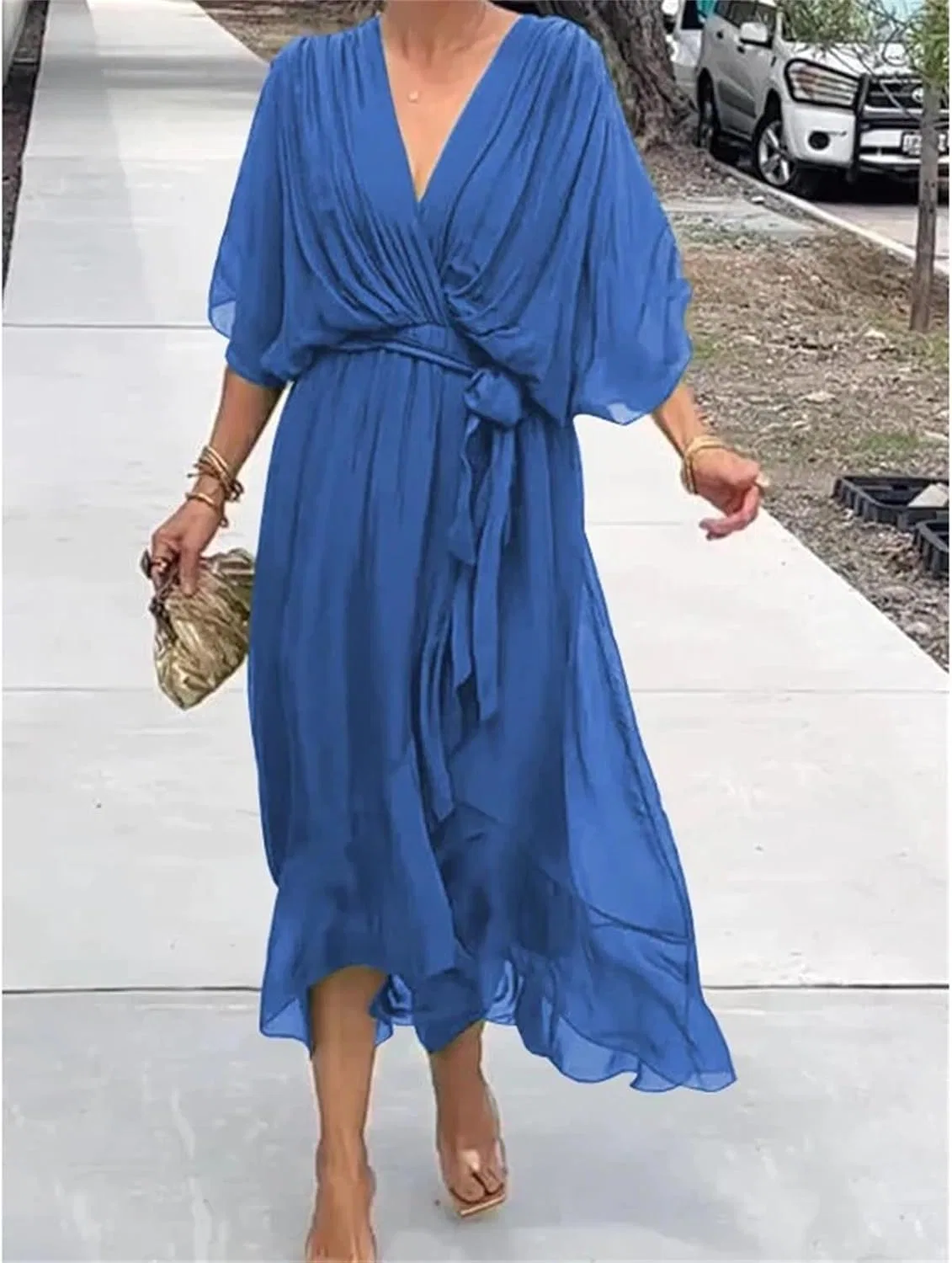 Женское платье-макси из шифона с V-образным вырезом, без рукавов, чёрный — фото 4