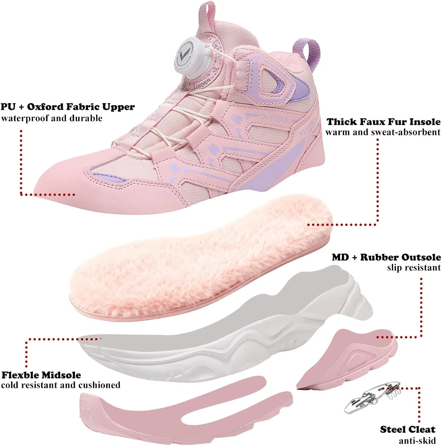 Детские зимние ботинки для мальчиков и девочек водонепроницаемые JMFCHI SPORTS, Pink — фото 3