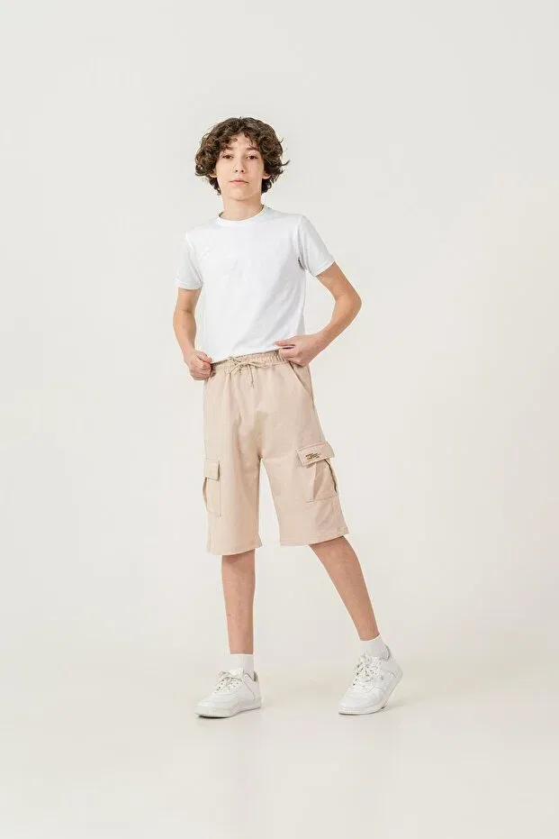 Детские шорты для мальчиков с принтом Double cargo pockets left pocket cover Mışıl Kids, Beige — фото 2